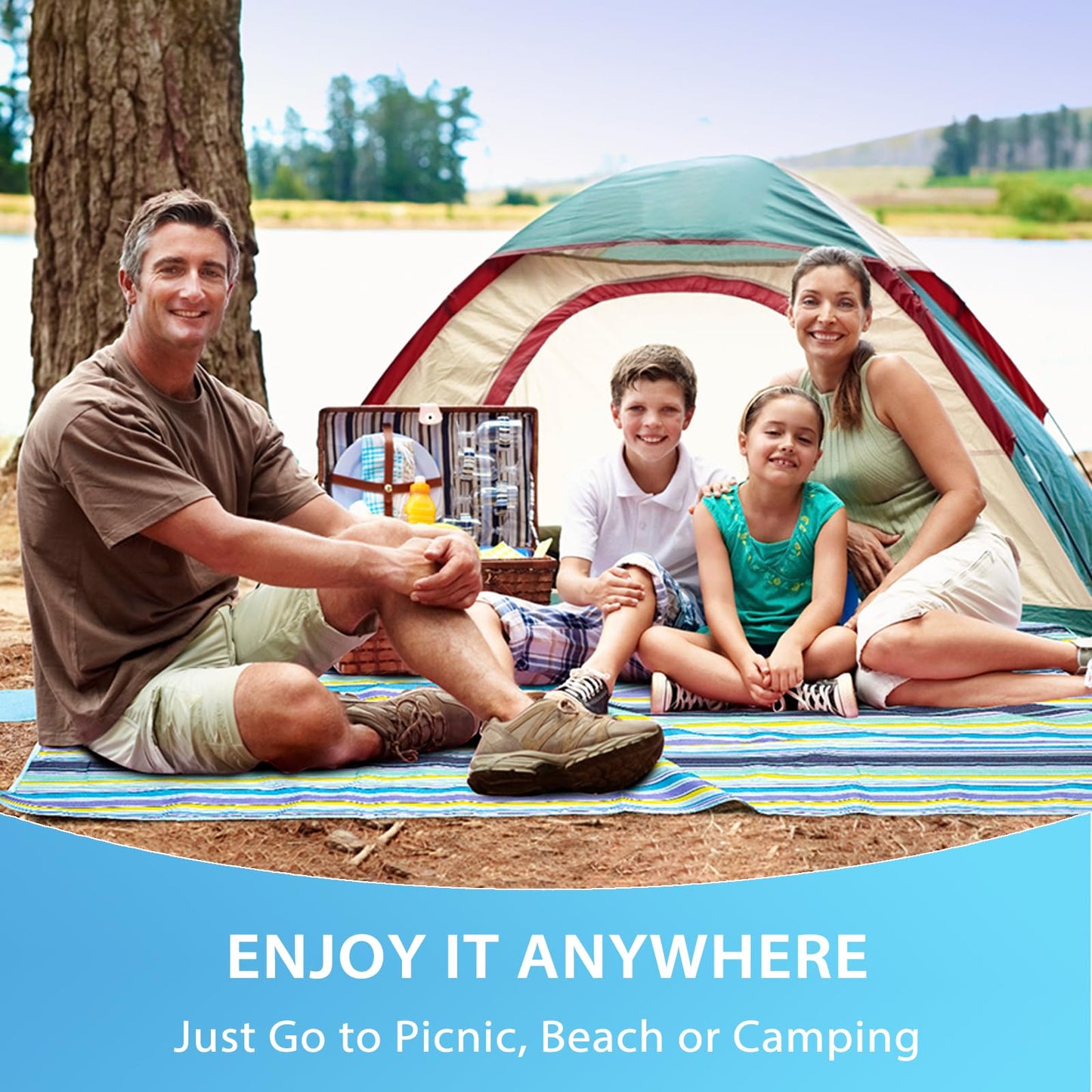 ADRIMER Large Picnic Blanket 77" x 79", Outdoor Waterproof Picnic Mat, Portable Beach Blanket for Family, Beach, Park, Camping, Hiking, Blue & White