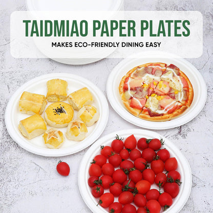 TaidMiao 9 Inch Paper Plates 100 Pack - 100% Compostable Dinnerware | Leak & Grease Resistant Disposable Plates for Parties, Microwavable, Bulk Eco-Friendly - White