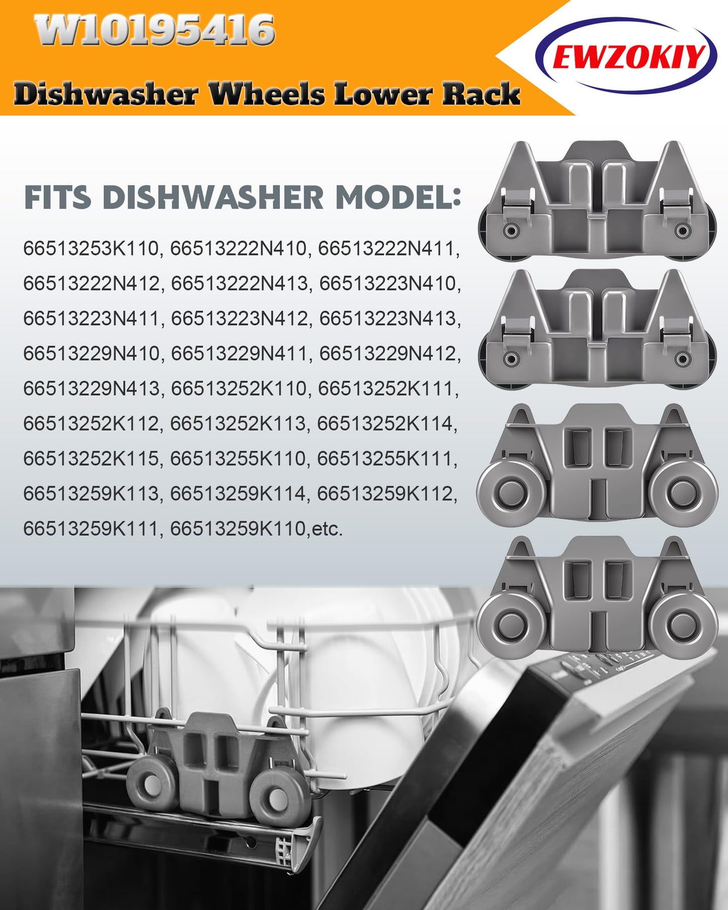 4 Pack W10195416 Dishwasher Wheels Lower Rack Replacement for KitchenAi-d Whirlpoo-l Mayta-g Kenmor-e Dishwasher Parts,Rust-Resistant Upgraded Design | Fits AP5983730 W10195420 PS11722152