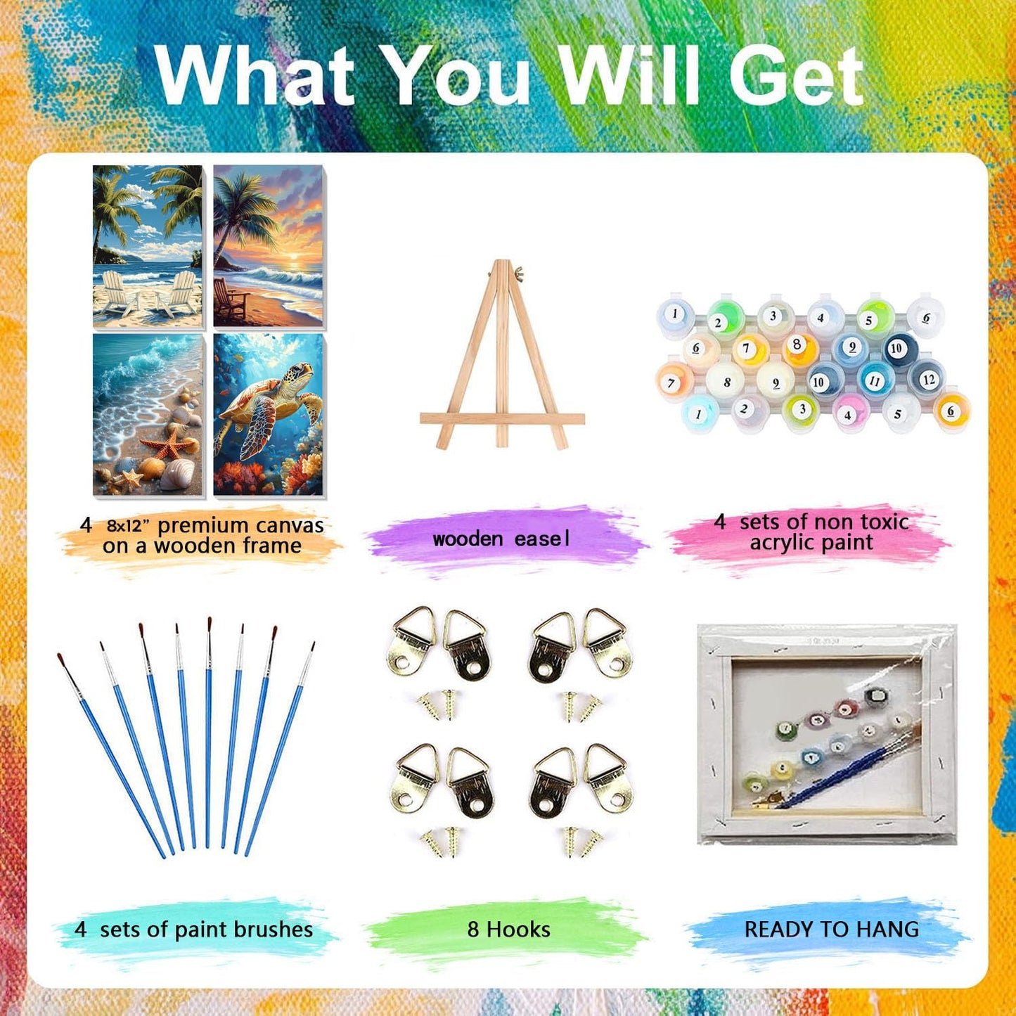 4 Pack Paint by Numbers Adult Kit with Framed Canvas - Wooden Easel, Beach Adult Paint by Number Kits on Canvas, DIY Sea Turtle Acrylic Oil Painting Kit with Brushes for Home Wall Decor (20x30cm)