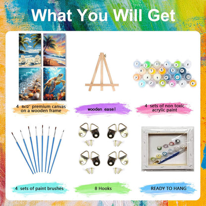 4 Pack Paint by Numbers Adult Kit with Framed Canvas - Wooden Easel, Beach Adult Paint by Number Kits on Canvas, DIY Sea Turtle Acrylic Oil Painting Kit with Brushes for Home Wall Decor (20x30cm)