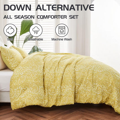 UDEAL Queen Comforter Set 3 Pieces，Yellow Paisley Soft Fluffy Comforter for Queen Size Bed，All Season Warm Bedding Set with Comforter