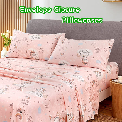 JSD Pink Moon Unicorn Kids Sheet Set Twin 3 Piece, Cute Printed Microfiber Bed Sheets for Girls Deep Pocket