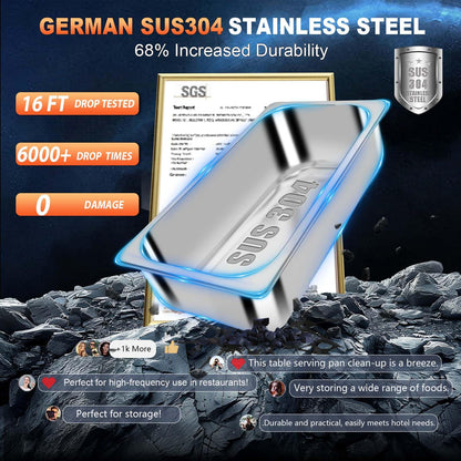 6 Pack 1/3 Size 2.5 Inch 304 Stainless Steel Hotel Pans: (12.8″ x 6.8″ x 2.5″) [2X Thicker] [Dishwasher Safe] 100% Food-Safe,Steam Table Pan for Restaurants, Catering, and Parties