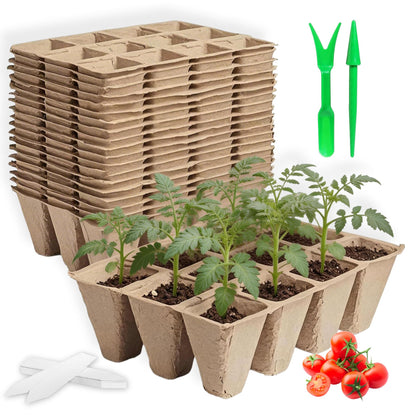 40 Packs Peat Pots Seed Starter Tray, 480 Cells Biodegradable Seedling Pots Germination Trays, Plant Starter Tray for Seedling, Organic Seed Starting Trays kit with Labels & 2 Transplant Tools (40)