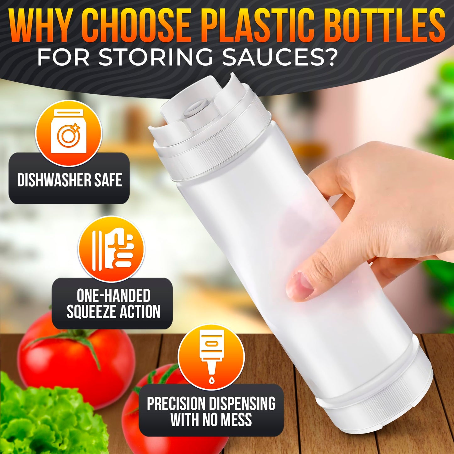 Set of 6 Condiment Squeeze Bottles for Sauces 16 oz – Easy-to-Fill Clear Bottles with Self-Closing Valve | Ready-to-Dispense for Dressings, Ketchup, Mustard & More, Durable, Reusable, Mess-Free Design