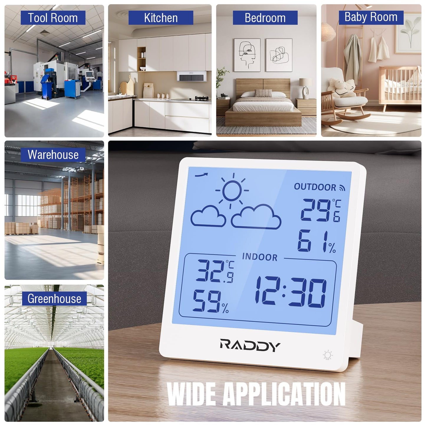 Raddy WF-50T Indoor Outdoor Thermometer Hygrometer Wireless Weather Station, Battery Powered Temperature & Humidity Monitor with 5.0’’ TN Display, Weather Forecast, Wireless Remote Sensor (White)
