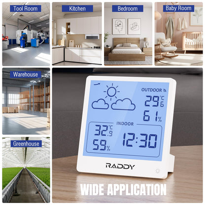 Raddy WF-50T Indoor Outdoor Thermometer Hygrometer Wireless Weather Station, Battery Powered Temperature & Humidity Monitor with 5.0’’ TN Display, Weather Forecast, Wireless Remote Sensor (White)