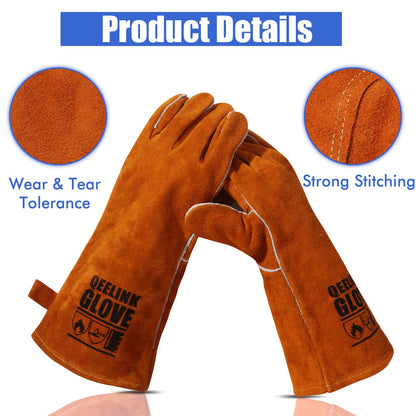 QeeLink Welding Gloves - Heat & Wear Resistant Lined Leather and Fireproof Stitching - For Welders/Fireplace/BBQ/Gardening