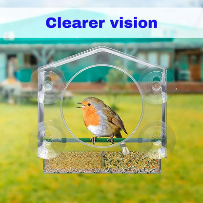 Window Bird-Feeder with 4-Strong Suction-Cups - Large Clear Acrylic Bird House for Outside Wild Birds - Removable Tray & Drain Holes - Up Close Viewing for Cats, Elderly (Color002)