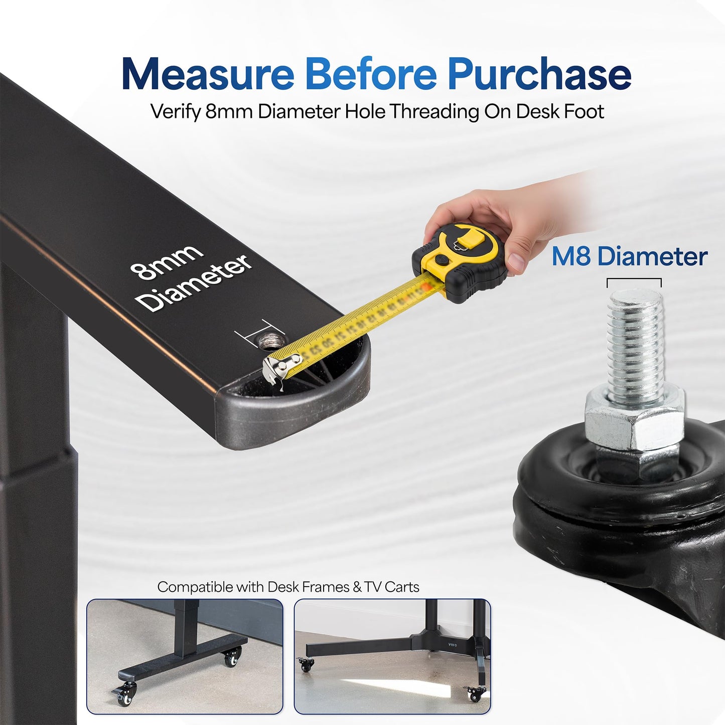 VIVO M8 Diameter Threaded Locking Caster Wheels, Set of 4, Swivel, Rubber Base, Brake, 1.5 inch Replacement Wheels for Standing Desk Frames, TV Stands, Carts, and More, PT-ST-015C