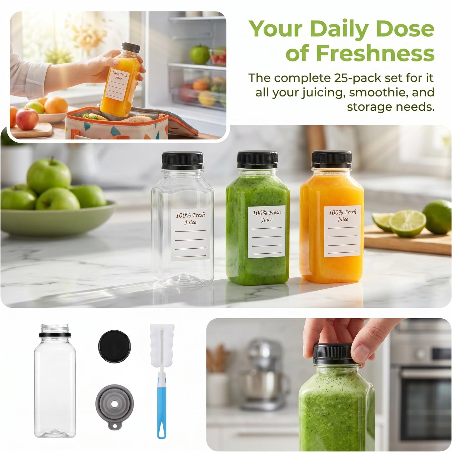 Cedilis 25 Pack 8 oz/250ml Plastic Juice Bottles, Clear Juice Drink Containers with Lids, Bulk Beverage Reusable Bottles for Making Juice, Milk, Salad Dressing, Smoothie
