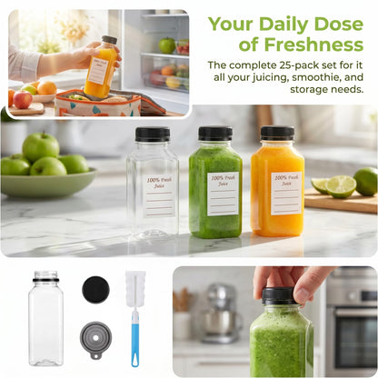 Cedilis 25 Pack 8 oz/250ml Plastic Juice Bottles, Clear Juice Drink Containers with Lids, Bulk Beverage Reusable Bottles for Making Juice, Milk, Salad Dressing, Smoothie