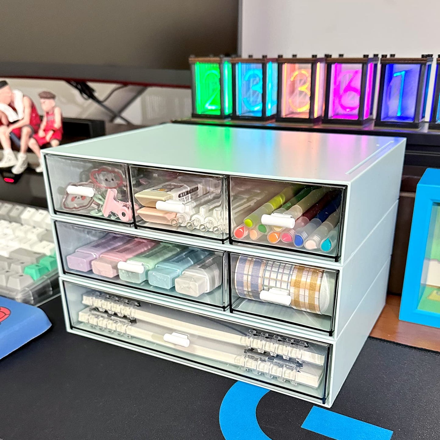 Desk Organizer with 6 Drawers, Makeup Organizer, Plastic Makeup Storage, Cosmetic Storage Organizer, Desk Storage Box, Bathroom Organization Boxes, Desktop Storage Box(Blue)