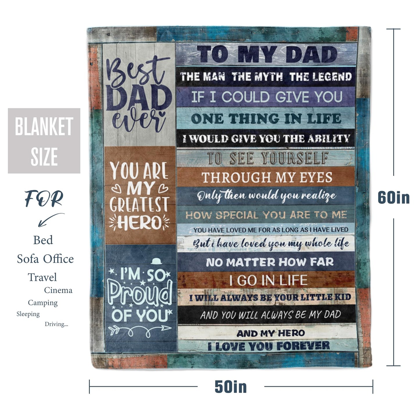 Birthday Gifts for Dad from Daughter Son Kids, Best Dad Ever Gifts for Christmas Birthday, Gifts for Dads Who Have Everything, Soft Father Throw Blanket for Couch 60"x 50"