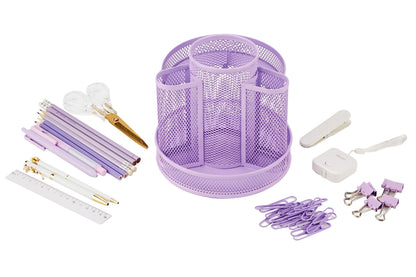 Annova Mesh Desk Organizer Rotate with 6 Compartments Round Spinning Tidy Candy/Pen Holder Desk Accessories Office, Art Supply, Storage, Classroom, Home (Light Purple)