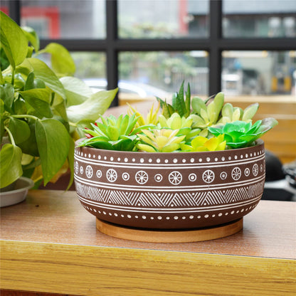 Thirtypot 8 Inch Terracotta Succulent Planter Pot with Drainage Hole and Bamboo Tray, Brown Round Shallow Bonsai Pot for Indoor Plants