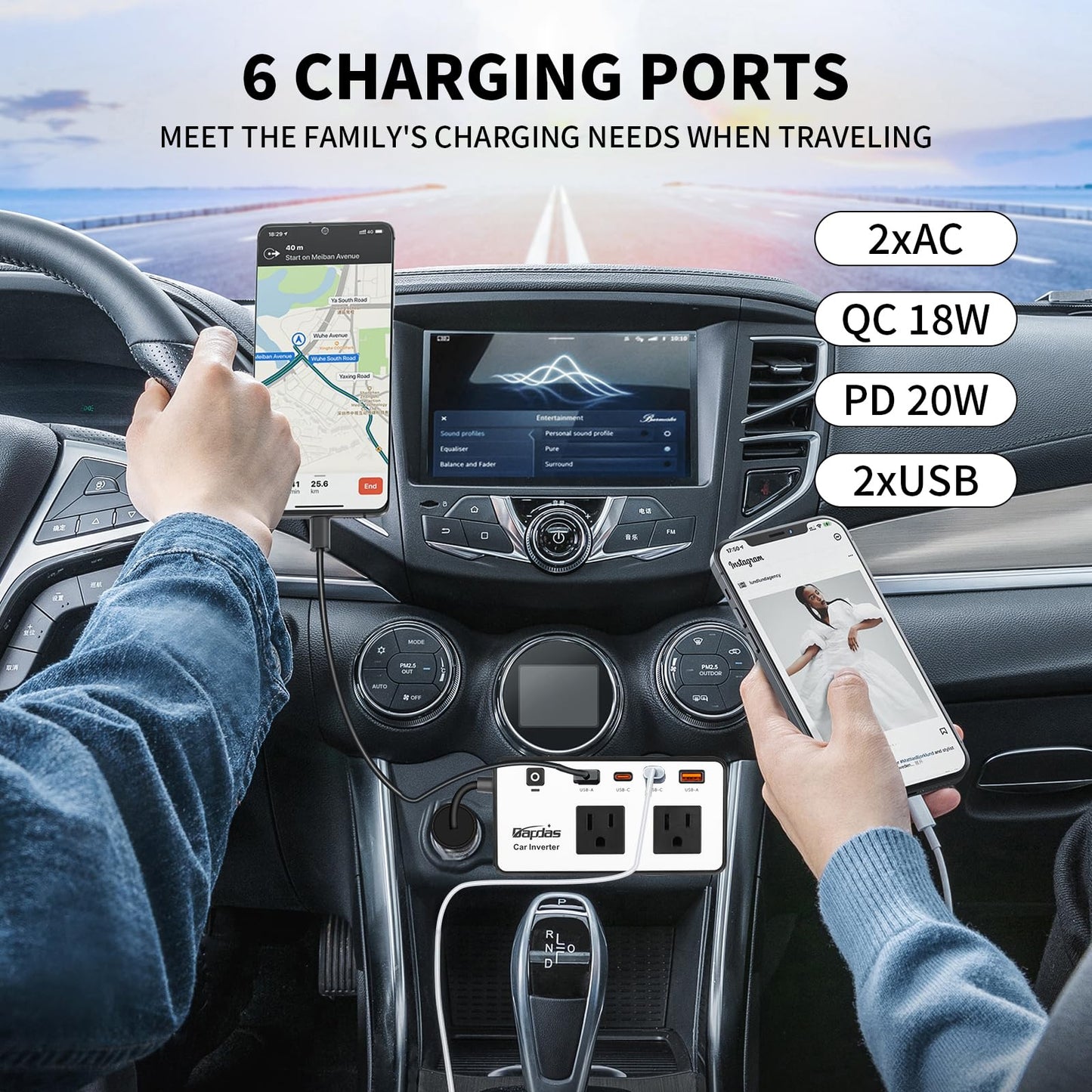 300W Car Power Inverter, DC 12V to 110V AC Car Outlet Adapter Plug, 24W Fast Charging USB-C&USB-A, Portable Charger Converter for Laptops, Phones