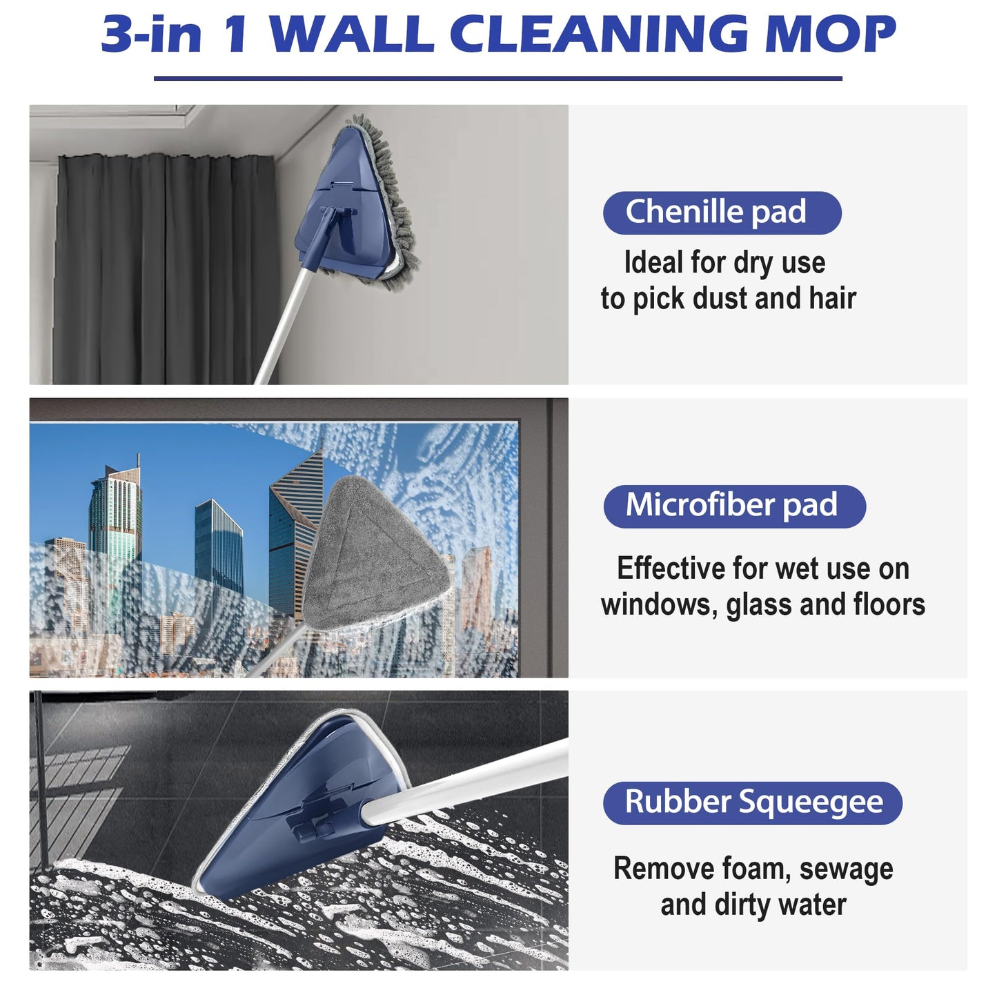 Wall Cleaner Mop with 82" Extendable Handle, 360° Rotating Head & 90° Flip, Microfiber/Chenille Pads, Built-in Squeegee for Ceiling, Wall, Baseboard and Window Cleaning