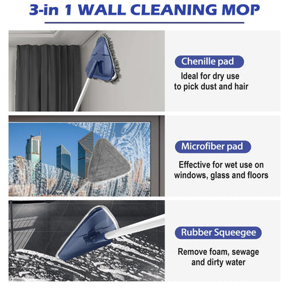 Wall Cleaner Mop with 82" Extendable Handle, 360° Rotating Head & 90° Flip, Microfiber/Chenille Pads, Built-in Squeegee for Ceiling, Wall, Baseboard and Window Cleaning