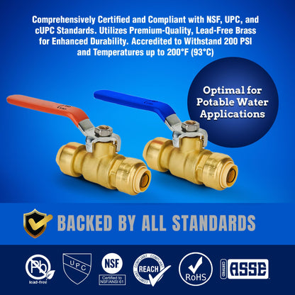 New Age America® 3pcs Push-Fit Ball Valve AquaFlow 360™ | 1/2" Ball Valve Shut Off | 1pc Hot (Red) & 1pc Cold (Blue) w Removal Tool | Full Port Shut Off | 1/4" Turn | Push-to-Connect | NSF/ANSI & UPC