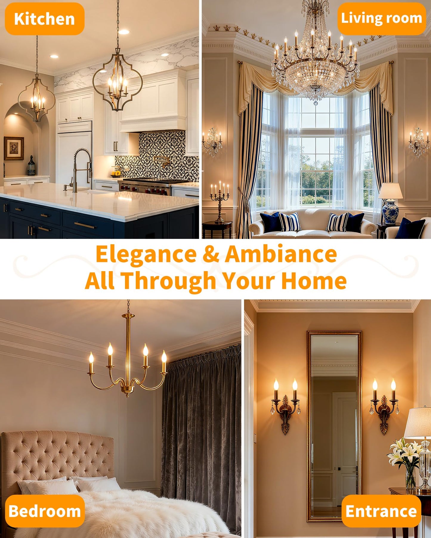 Frosted E12 LED Bulb 60w Equivalent Dimmable, Chandelier Light Bulbs 2700K Soft White, Candelabra Candle C32 CA10 60 Watt Replacement Lightbulb Small Base, 90+CRI 120V, 6 Pack