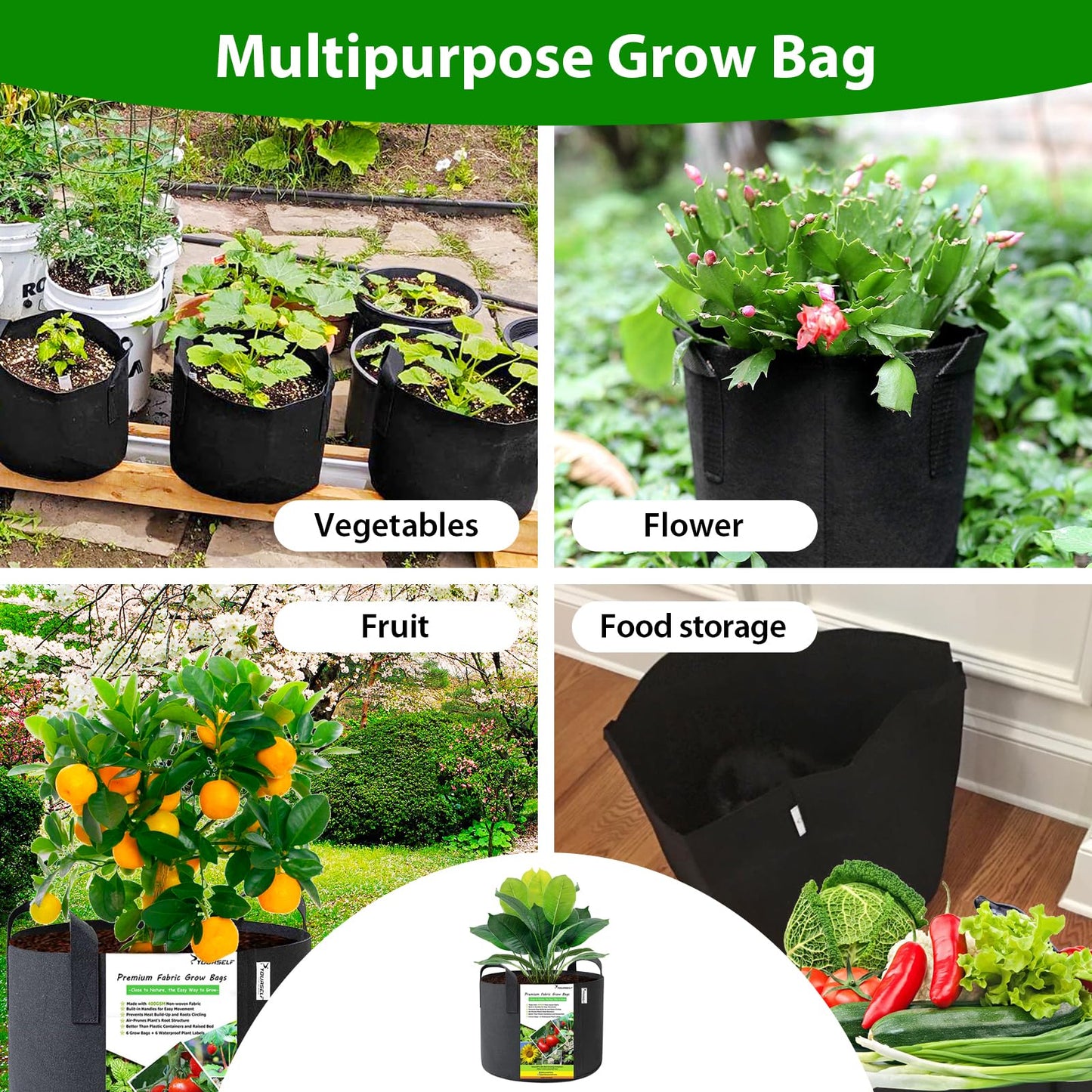 SYOURSELF 6 Pack Grow Bags 5 Gallon Fabric Pots ,Thickened Nonwoven Grow Bag with Handles ,Fabric Pots for Vegetable Flower Tomato Potato Garlic Indoor Outdoor Plants +6 Waterproof Garden Lables