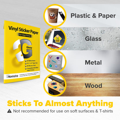 Vinyl Sticker Paper, Glossy Printable Sticker Paper for Inkjet Printer, Quick Drying, Water Resistant, Scratch Resistant, Sticks to Most Surfaces, 8.5 x 11 Inches, 80 Sheets