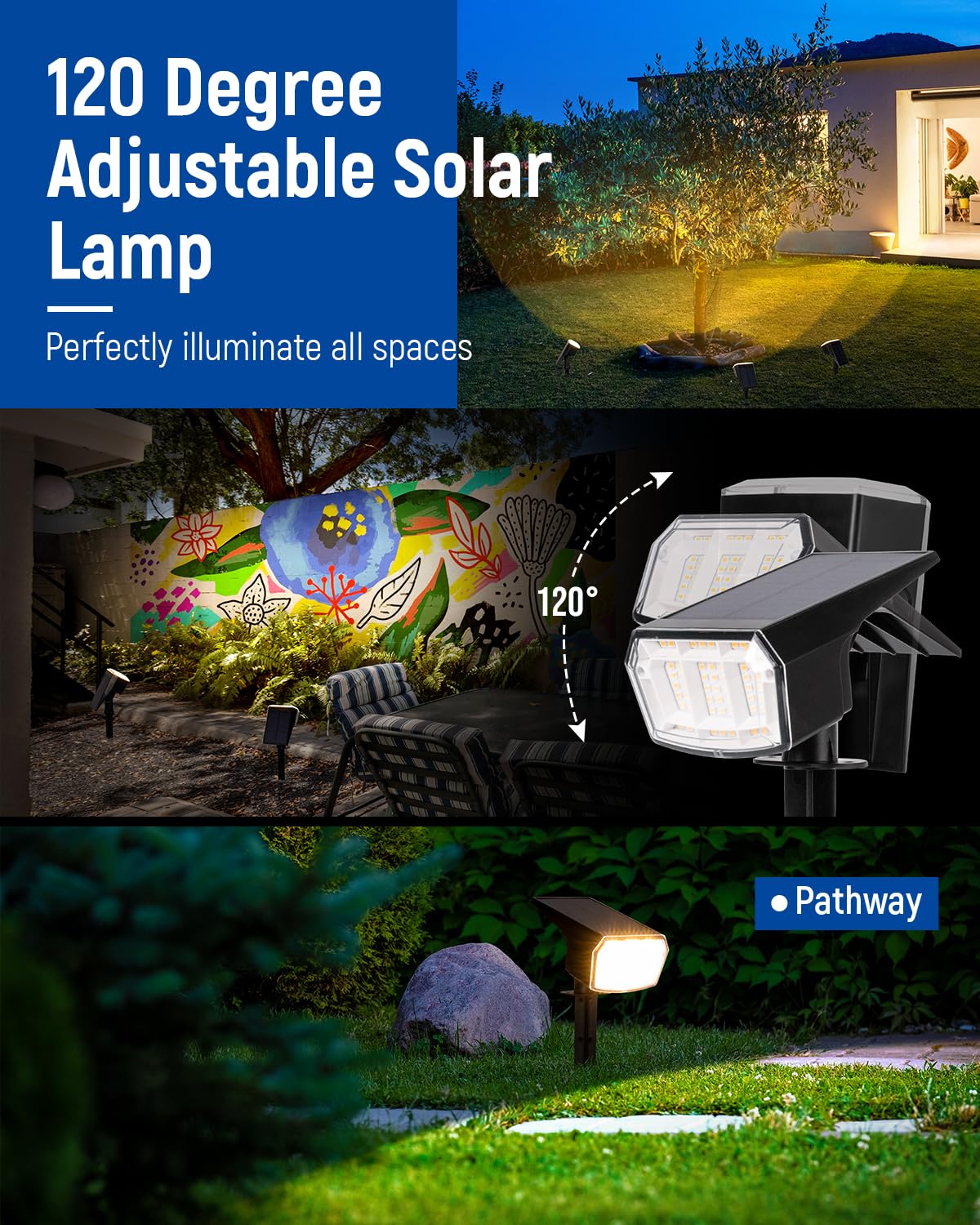 AUDERWIN Solar Lights Outdoor Lighting IP65 Waterproof, 63LED Soalr Spotlights, 2 Pack Solar Powered Lights for Outside, Outdoor, Yard, Landscape Lights-Warm Light