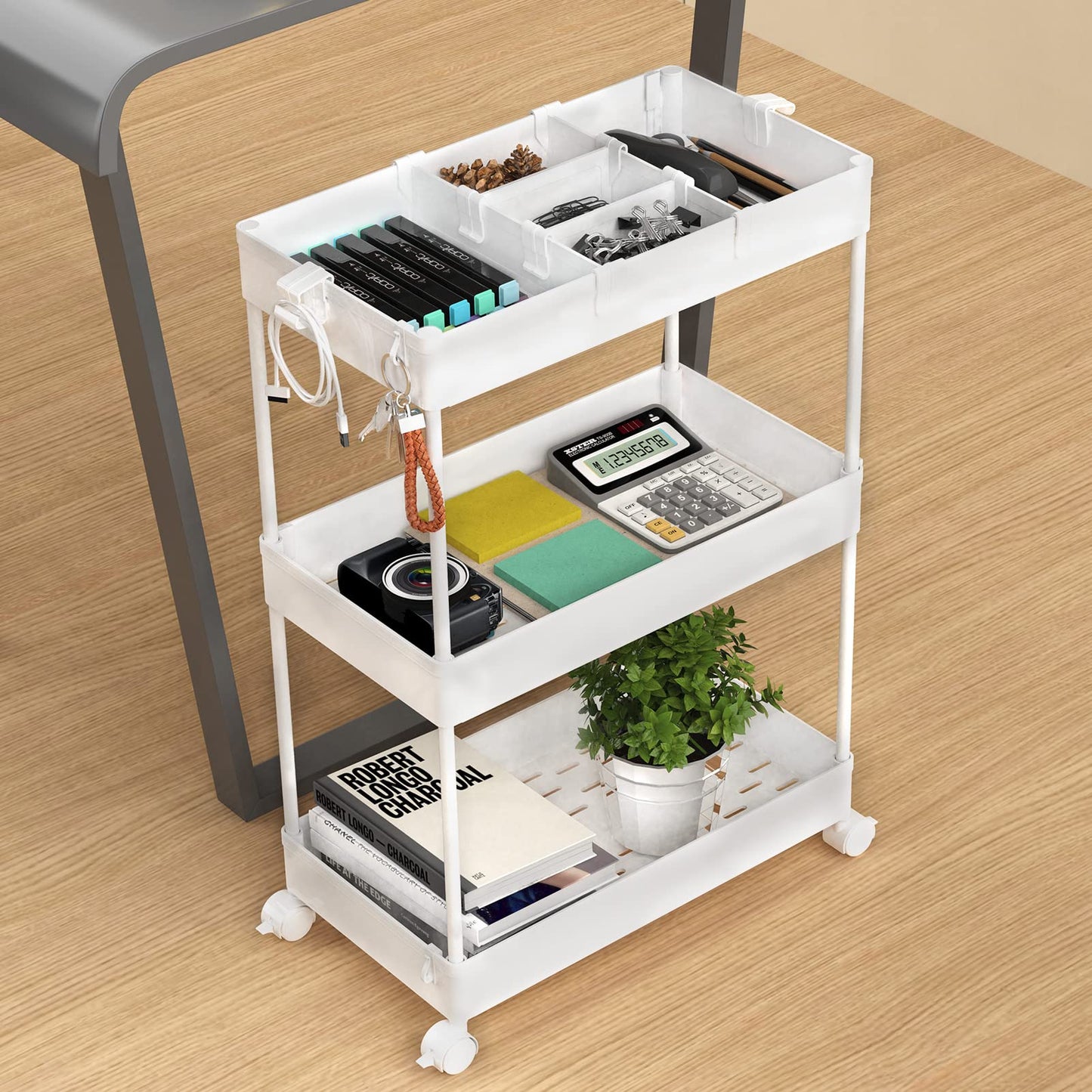 SPACELEAD 3 Tier Rolling Cart with Wheels, Storage Craft Art Cart Trolley Organizer Serving Cart, 3 Hanging Baskets Easy Assembly, for Office, Living Room, Kitchen, White