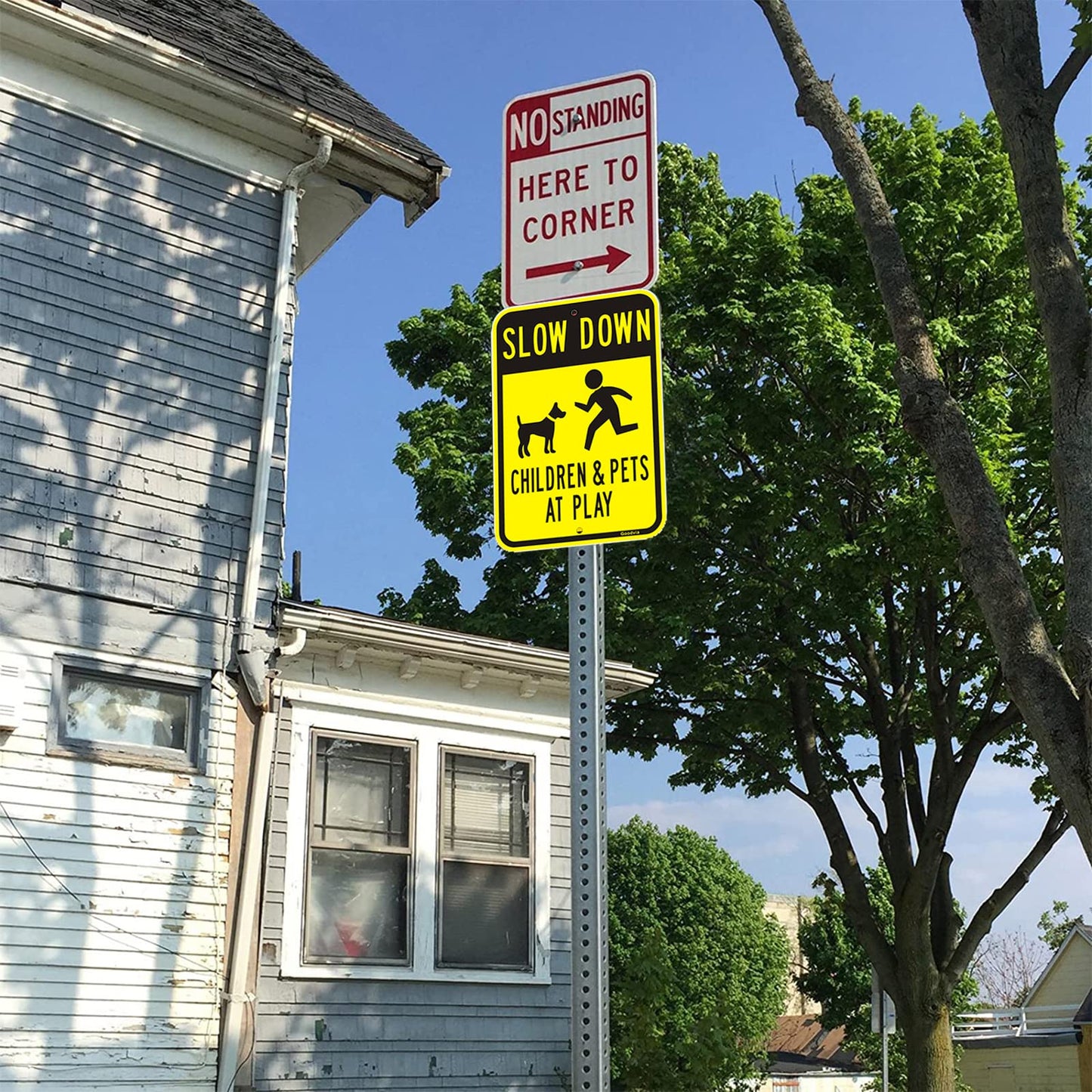 Goodvia Slow Down Children Playing Sign Metal Reflective 12 x 17 IN, Children at Play Safety Signs Kids Playing Road Large Slow Children and Pets at Play Sign for Street, Rust Free Aluminum