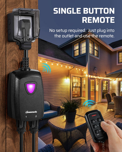 DEWENWILS Outdoor Wireless Remote Control Outlet, 2 Independent Control Sockets Weatherproof Electrical Remote Control Switch, 15A Heavy Duty with 2 Remote, 7 Inch Cord, 100 FT Range