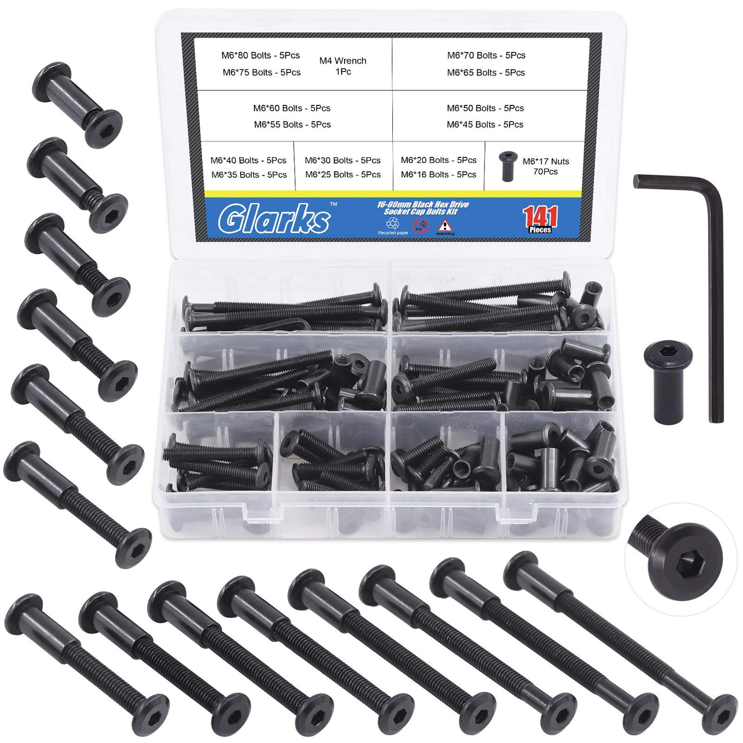 Glarks 141Pcs M6x16/ 20/25/ 30/35/ 40/45/ 50/55/ 60/65/ 70/75/ 80mm Black Hex Drive Socket Cap Bolts Kit, Countsunk Furniture Crib Bolts Nuts Screws for Chair Table Cabinets