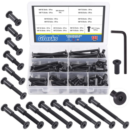 Glarks 141Pcs M6x16/ 20/25/ 30/35/ 40/45/ 50/55/ 60/65/ 70/75/ 80mm Black Hex Drive Socket Cap Bolts Kit, Countsunk Furniture Crib Bolts Nuts Screws for Chair Table Cabinets