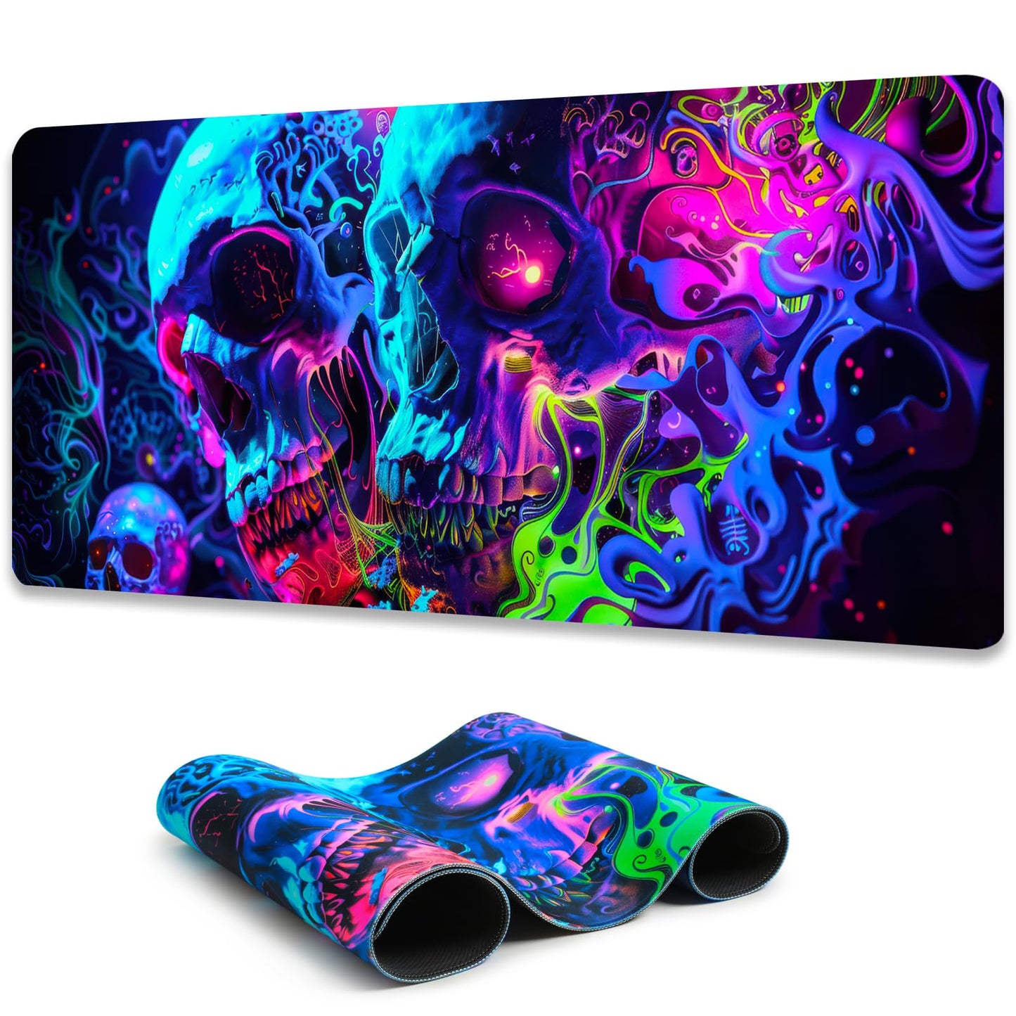 Simpkeely Horror Skull Mouse Pad, Large Waterproof Blacklight Colorful Skeleton Neon Gaming Non-Slip Rubber Base Mousemat, Glow in The Dark Abstract Desk Mat for Office Home - 31.5 x 11.8 inches