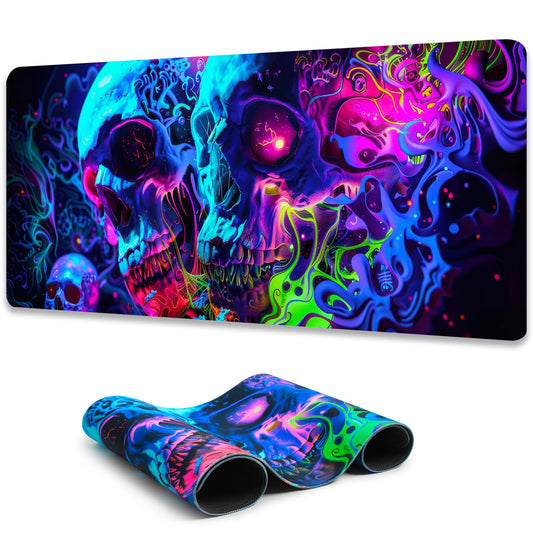 Simpkeely Horror Skull Mouse Pad, Large Waterproof Blacklight Colorful Skeleton Neon Gaming Non-Slip Rubber Base Mousemat, Glow in The Dark Abstract Desk Mat for Office Home - 31.5 x 11.8 inches