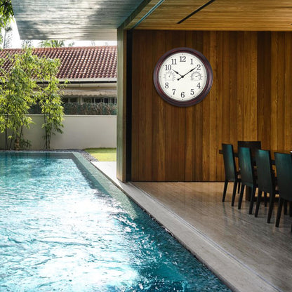 Vigorwise 12 inch Outdoor Wall Clock, Plastic Waterproof Wall Clock with Temperature & Humidity, Water Resistant Wall Clock, Silent Wall Clock for Patio Garden Bathroom, Dark Brown