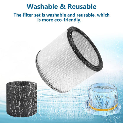 Shop Vac Filter 90304, 90585 Foam Sleeve Filter & 90107 Dry Vac Filter Set, Compatible with Most 5-Gallon and Larger Wet/Dry Vacuum Cleaners, Includes Retaining Straps and Cleaning Brush