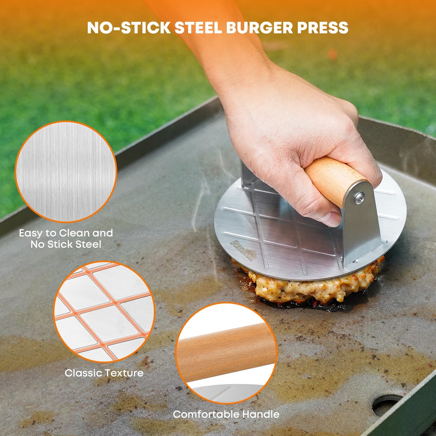 Stanbroil 5 Piece Smash Burger Press Kit for Flat Top Grill, Stainless Steel Grill Spatula and Burger Smasher, Spice Shaker, Squeeze Bottles and Patty Paper for BBQ Griddle Cooking