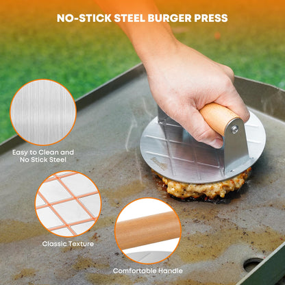 Stanbroil 5 Piece Smash Burger Press Kit for Flat Top Grill, Stainless Steel Grill Spatula and Burger Smasher, Spice Shaker, Squeeze Bottles and Patty Paper for BBQ Griddle Cooking
