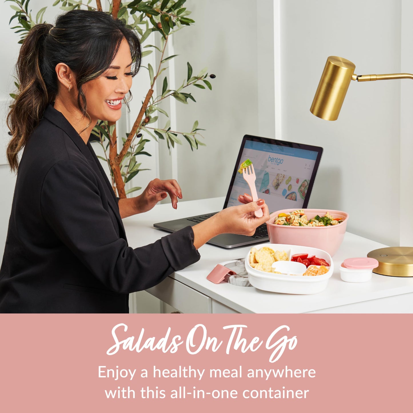 Bentgo Salad - Stackable Lunch Container with Large 54-oz Salad Bowl, 4-Compartment Bento-Style Tray for Toppings, 3-oz Sauce Container for Dressings, Built-in Reusable Fork & BPA-Free (Blush Marble)