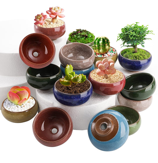 TOPZEA 16 Pack Mini Ceramic Succulent Planter Pot, 2.5 Inch Ice Crack Cactus Seed Starter Pots Micro Landscape Planter with Drainage Hole & Bamboo Tray for Moss Plant, Baby Succulent, Herb