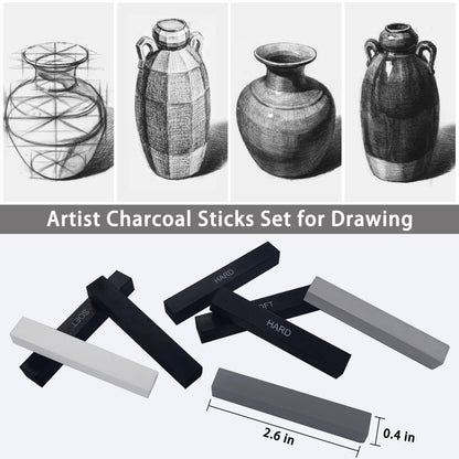 Dlicoda 24 Pcs Compressed Charcoal Sticks with Soft, Medium, Hard and White Charcoal, Square Vine Charcoal Stick Kit for Drawing, Sketching and Shading, Art Supplies for Artists Beginners