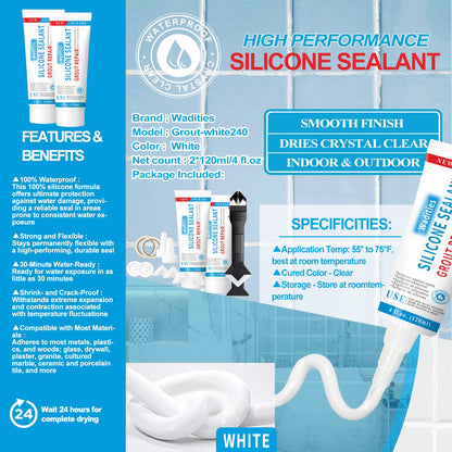 8Oz White Waterproof Caulk & Seal Silicone Sealant, Wadities Tile Grout Repair Kit with Grout Remove Scraper, Shrink & Crack Proof for Bathroom, Shower, Kitchen, Floor (4Oz, Pack of 2)