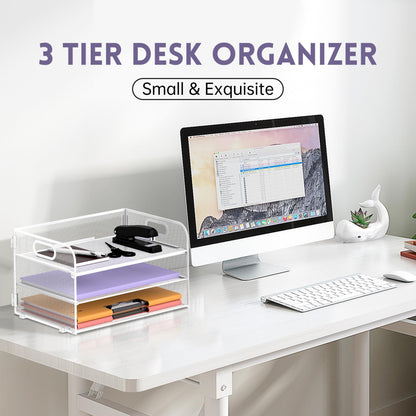 Supeasy 3 Tier Paper Organizer with Handle, Mesh Desk Organizer Letter Tray, Paper Tray File Organizer for A4 File Folder, White