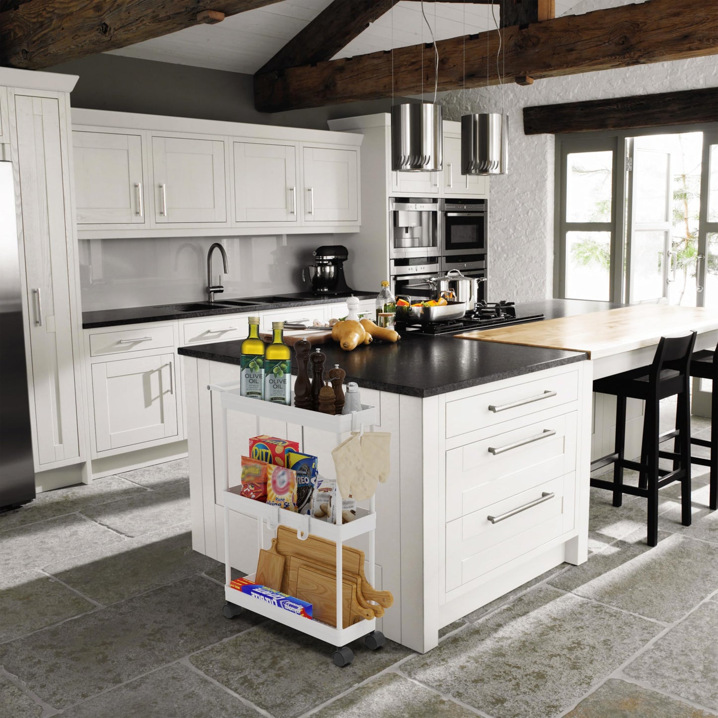 Simple Houseware 3-Tier Slim Rolling Cart with Handle and Hooks for Narrow Storage Places in Bathroom, Laundry and Kitchen, White