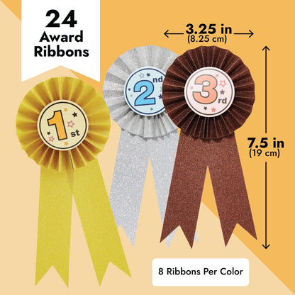 24-Pack Award Ribbons - Participation Decorations, Rosette Ribbons, 1st, 2nd, and 3rd Place Recognition Awards for Spelling Bees, Science Fairs, Talent Shows, Gold, Silver, Bronze