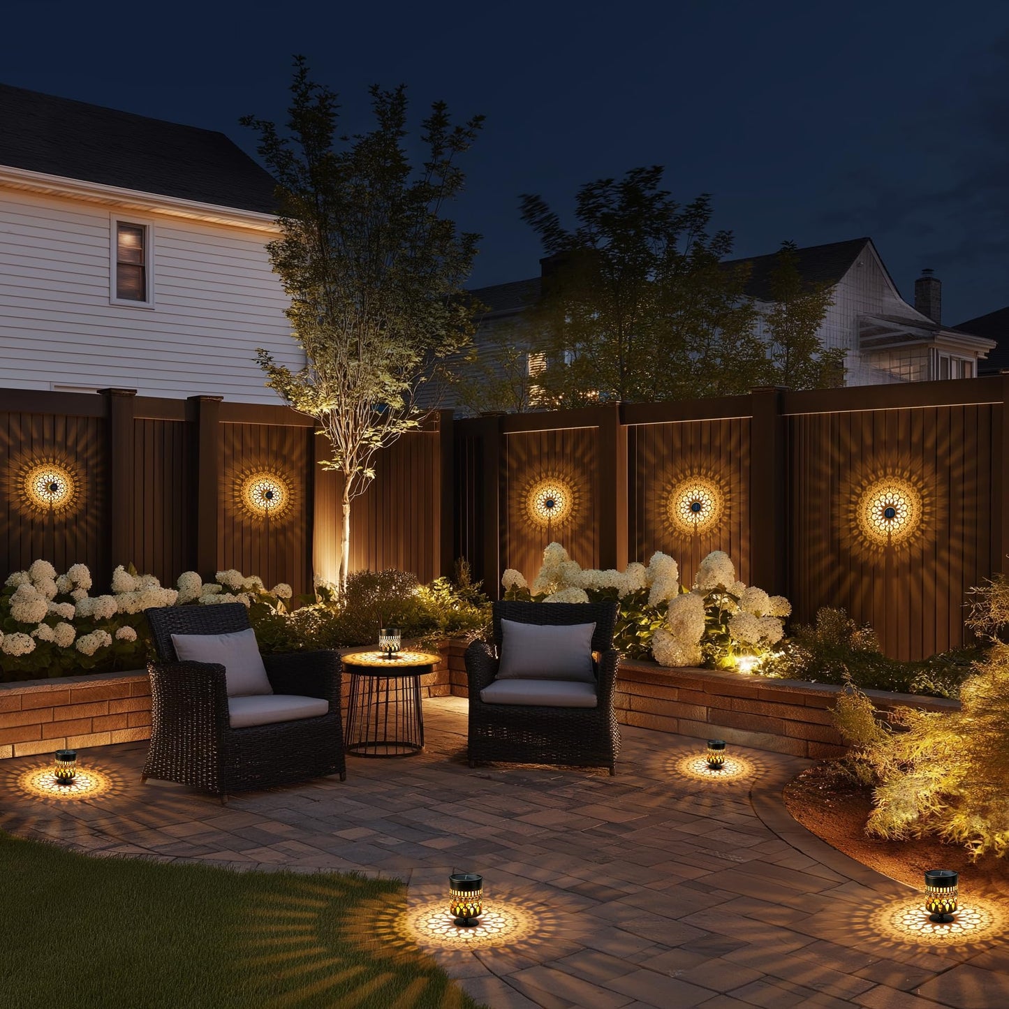 Solar Fence Lights 2 Pack, Outdoor Deck Step Wall Lights, Metal Waterproof LED Warm Yellow Light for Garden Post Patio Backyard Yard Decor (Peacock Feather-2, 2)