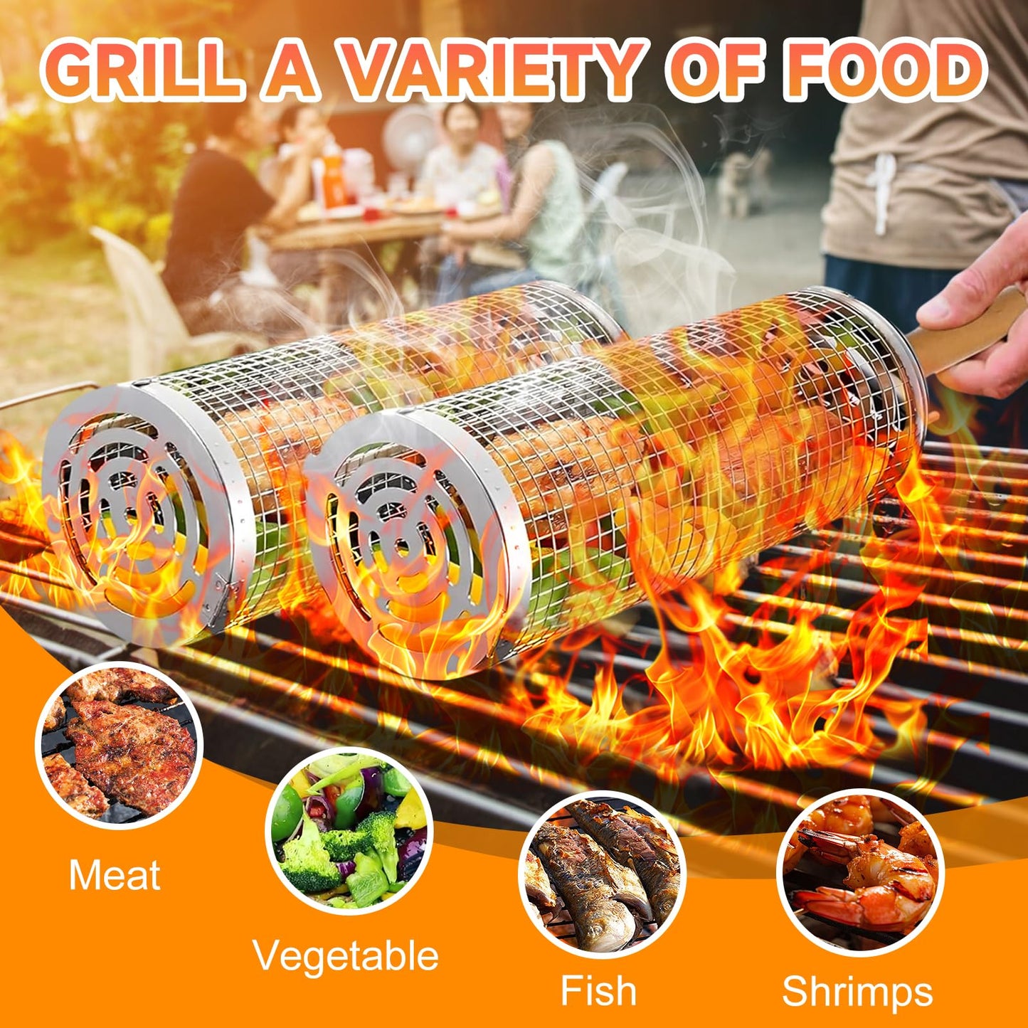 2PCS Rolling Grill Baskets with Removable Wooden Handle,304 Stainless Steel Nesting BBQ Basket for Outdoor Cooking Camping,BBQ Accessories Tools for Vegetables,Seafood & Meat,Gifts for Men Dad Husband