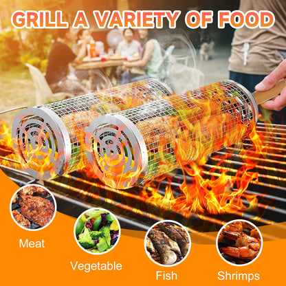 2PCS Rolling Grill Baskets with Removable Wooden Handle,304 Stainless Steel Nesting BBQ Basket for Outdoor Cooking Camping,BBQ Accessories Tools for Vegetables,Seafood & Meat,Gifts for Men Dad Husband